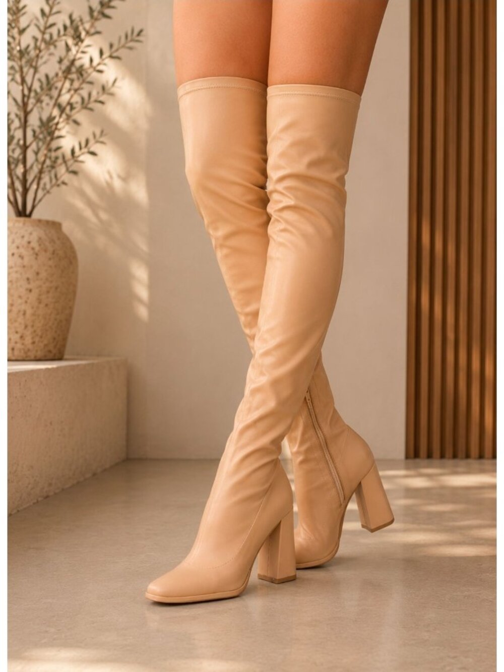 Over-The-Knee Block Heel Boots In Nude With Side Zipper Closure And Soft Faux Le